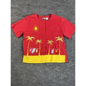 Onque Women's Embroidered Beach Button Front Blouse Red Yellow Short Sleeve S